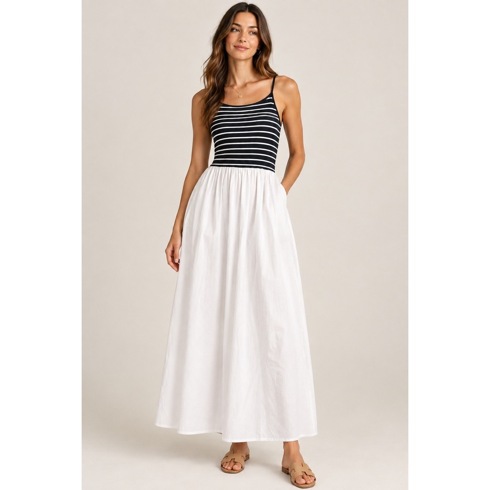 Few Moda Navy & White Striped Cotton Maxi Dress / Size Medium / NWT